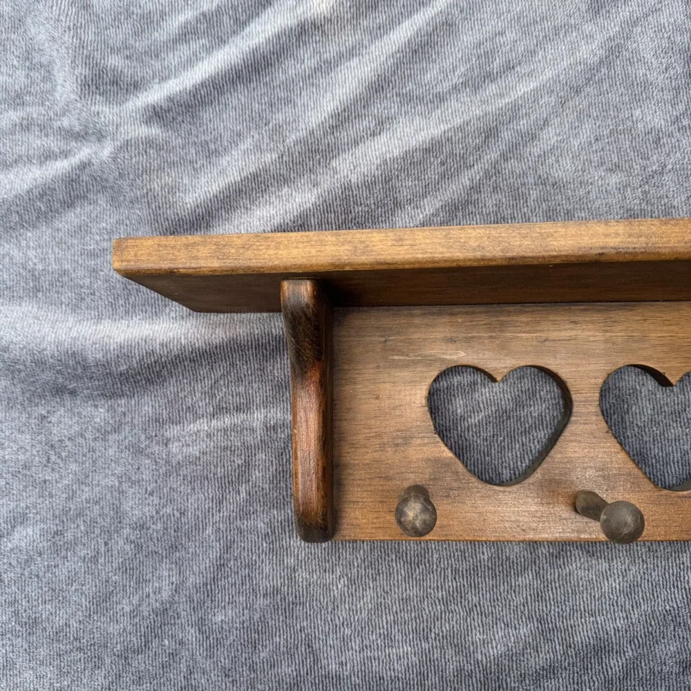 CottageCore Wooden Wall Shelf with Heart Cutouts and Hanging Pegs Vintage